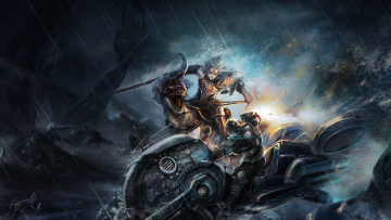 Картинка фэнтези эльфы скалы эльф оружие дождь ящер рог парни зверь транспорт битва ночь арт