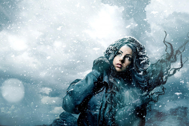 Обои картинки фото девушки, -unsort , креатив, девушка, зима, ветер, куртка, снежинки, снег