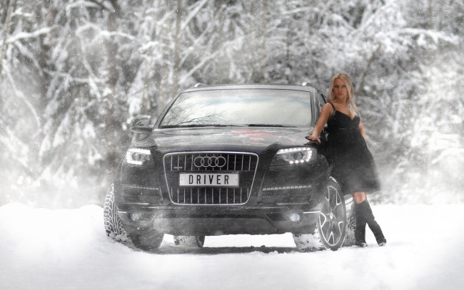 Обои картинки фото автомобили, -авто с девушками, лес, автомобиль, фон, взгляд, снег, девушка