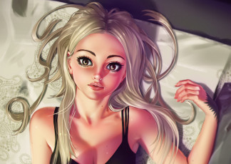 Картинка рисованное люди девушка губы глаза блондинка рука лицо волосы взгляд красота лежит постель