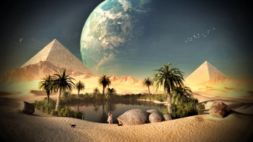 обоя 3д графика, атмосфера, настроение , atmosphere ,  mood , пальмы, кот, оазис, пирамиды, планеты, поверхность