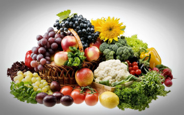 Картинка еда фрукты+и+овощи+вместе яблоки виноград сливы редис капуста помидоры