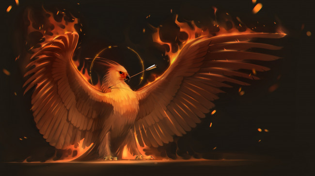 Обои картинки фото рисованное, животные,  сказочные,  мифические, феникс, птица, крылья, phoenix, стрела, арт, огонь