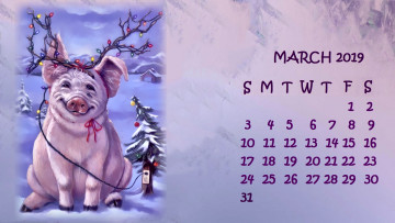 обоя календари, праздники,  салюты, свинья, гирлянда, поросенок, елка, снег