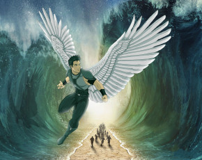 Картинка фэнтези ангелы фон мужчина дорога люди вода крылья