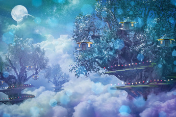 Картинка фэнтези иные+миры +иные+времена облака дома фон дерево