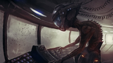 Картинка фэнтези существа инопланетное существо фантастика панель управления кораблем космический корабль шлем инопланетянин