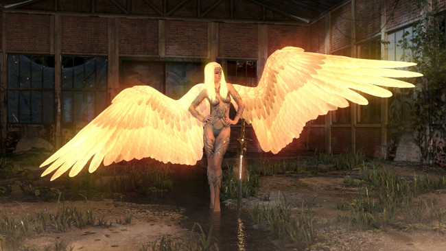 Обои картинки фото 3д графика, ангел , angel, девушка, фон, крылья, меч