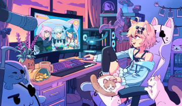 Картинка аниме животные +существа девушки кошки компьютер