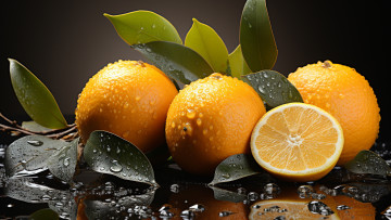 Картинка 3д+графика еда- food листья вода капли крупный план стол влага апельсины фрукты