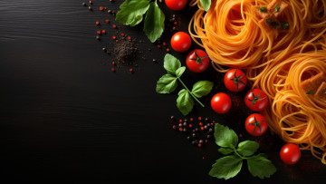 Картинка 3д+графика еда- food зелень листья темный фон доски помидоры спагетти томаты