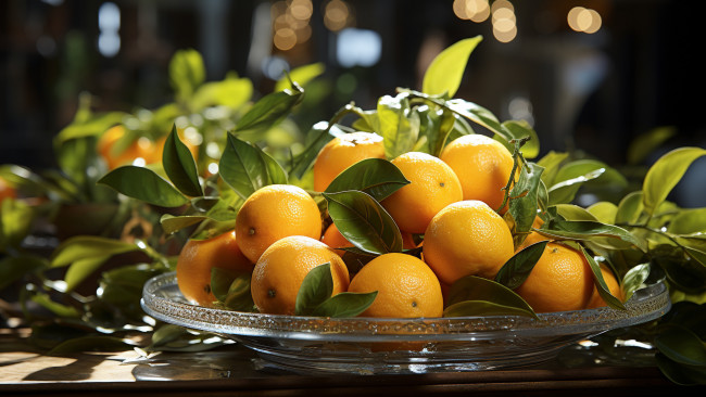 Обои картинки фото 3д графика, еда-, food, стекло, листья, свет, блики, стол, апельсины, фрукты, цитрусы