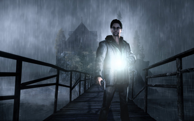 Обои картинки фото видео игры, alan wake, мужчина, пистолет, фонарь, мост, дождь