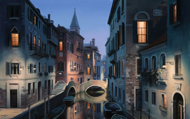 Обои картинки фото рисованные, евгений, лушпин, город, венеция, италия, канал, гондола