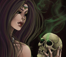 Картинка фэнтези девушки лицо губы взгляд волосы череп рука дым