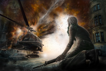 Картинка фэнтези девушки девушка улица вертолет солдат винтовка