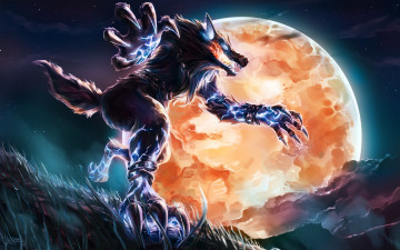 Картинка фэнтези существа существо волк оборотень поная луна