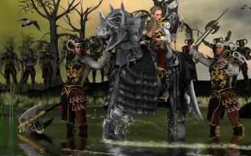 Картинка 3д+графика фантазия+ fantasy оружие деревья птицы брызги вода воины фон взгляд девушка
