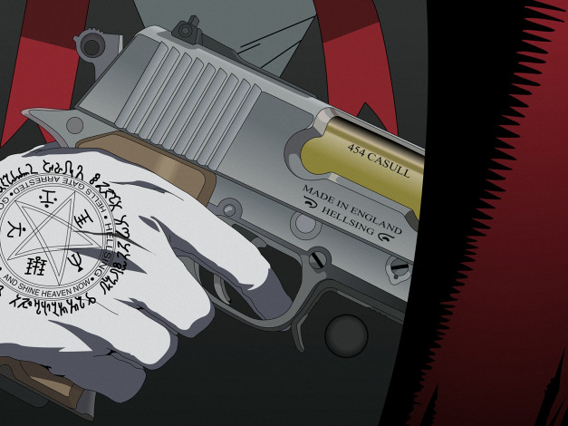 Обои картинки фото аниме, hellsing, alucard, шакал, рука, вампир, оружие, пистолет