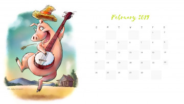 обоя календари, рисованные,  векторная графика, банджо, шляпа, свинья, поросенок