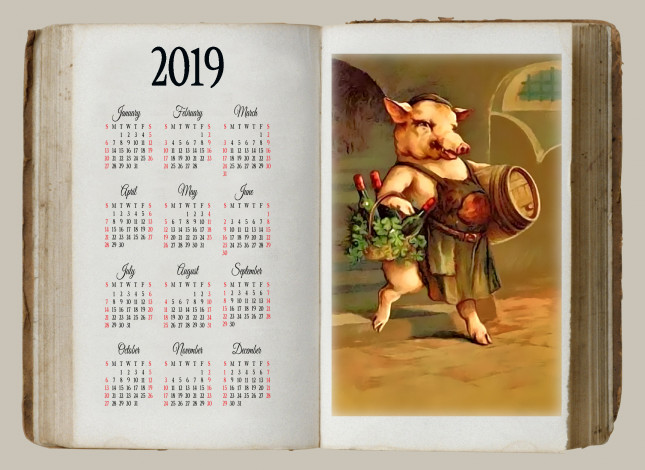 Обои картинки фото календари, рисованные,  векторная графика, бутылка, свинья, бочка, поросенок, книга