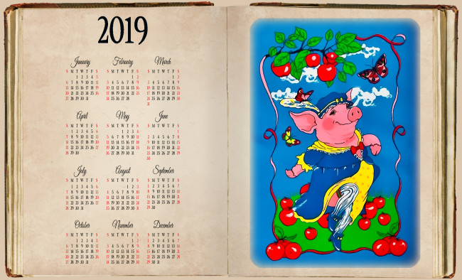 Обои картинки фото календари, рисованные,  векторная графика, яблоко, поросенок, бабочка, свинья, фрукт