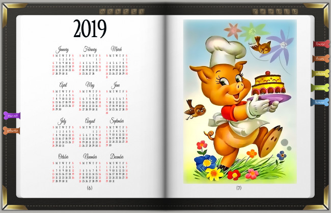 Обои картинки фото календари, рисованные,  векторная графика, цветы, птица, свинья, торт, поросенок, колпак