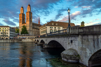 Картинка города цюрих+ швейцария река собор мост