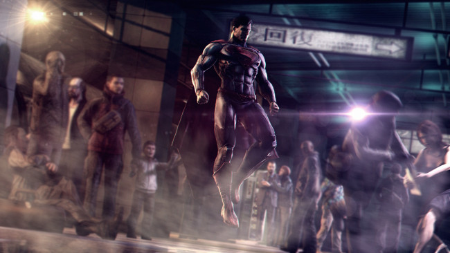 Обои картинки фото видео игры, injustice,  gods among us, город, улица, люди, супермен
