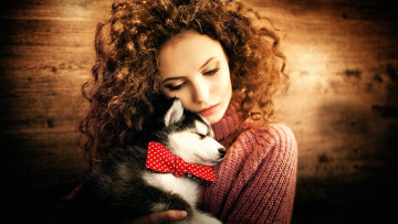 Картинка девушки -+рыжеволосые+и+разноцветные рыжеволосая локоны собака хаски щенок