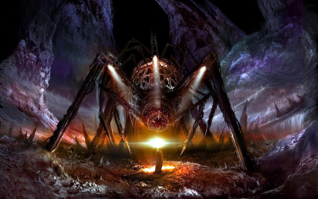 Обои картинки фото фэнтези, существа, паук, монстр, человек, скалы