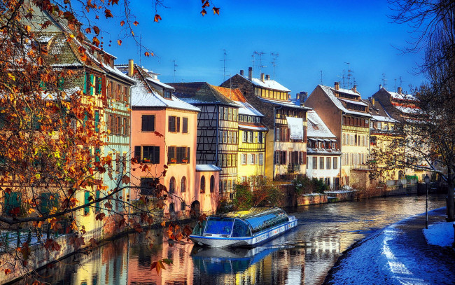Обои картинки фото города, страсбург , франция, река, здания, снег