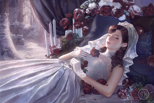 Обои картинки фото фэнтези, девушки, девушка, сон, розы, снег
