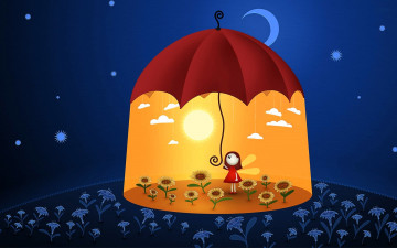 Картинка рисованное vladstudio девочка цветы зонт солнце луна ночь