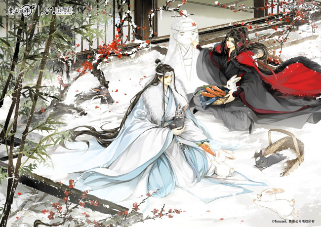 Обои картинки фото аниме, mo dao zu shi, вэй, усянь, лань, ванцзи, дом, кролики, снеговик