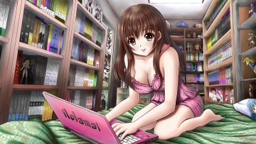обоя аниме, weapon, blood, technology, ilolamai, комната, девушка, книги, ноутбук