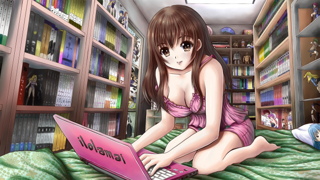 Обои картинки фото аниме, weapon, blood, technology, ilolamai, комната, девушка, книги, ноутбук