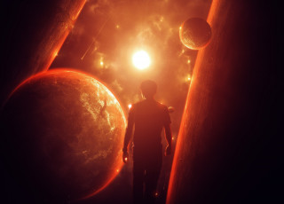 Картинка космос арт планеты мужчина abikk силует солнце
