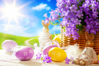 обоя праздничные, пасха, статуэтка, кролик, солнце, цветы, весна, яйца, easter