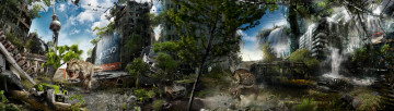 Картинка alexander+koshelkov фэнтези иные+миры +иные+времена dual monitor здания динозавры разруха город постапокалипсис берлин alexander koshelkov