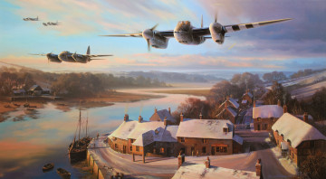 Картинка авиация 3д рисованые v-graphic бомбардировщики полет самолеты корабль река вода лодки машина дорога поселок облака деревья снег зима дома