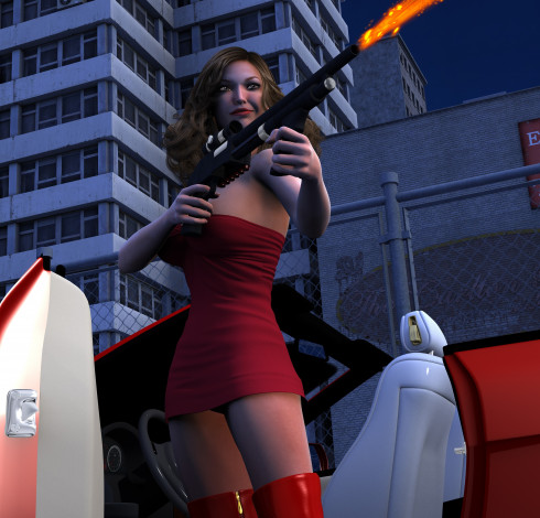 Обои картинки фото of terror red, 3д графика, fantasy , фантазия, оружие, девушка, автомобиль