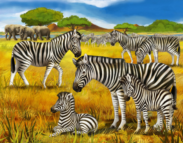 Обои картинки фото рисованные, животные,  зебры, взрослые, зебры, деревья, трава, малыши