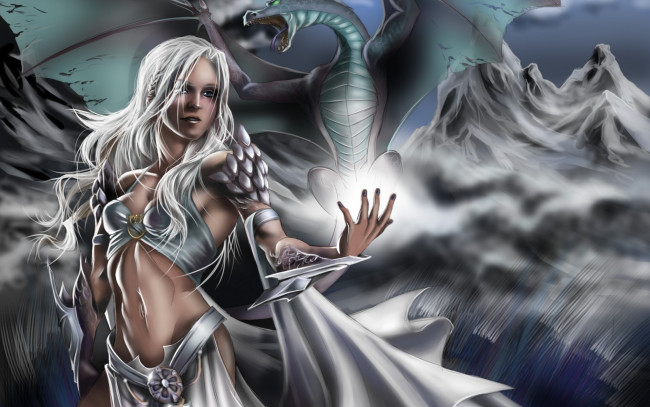 Обои картинки фото фэнтези, красавицы и чудовища, арт, горы, дракон, девушка, магия, game of thrones, daenerys targaryen
