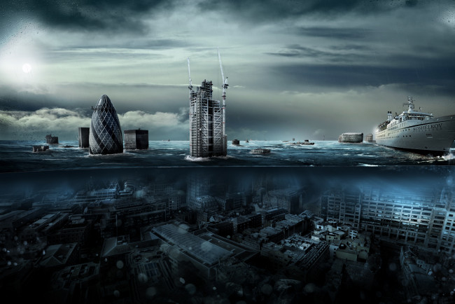 Обои картинки фото alexander koshelkov, фэнтези, иные миры,  иные времена, потоп, лондон, alexander, koshelkov, лайнер, вода