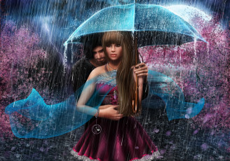 Картинка рисованное люди девушка зонт романтика дождь молния парень