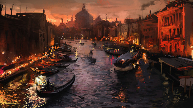 Обои картинки фото рисованное, живопись, венеция, лодка, огни, вечер, река, город, venice