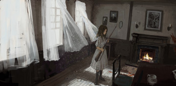 Картинка аниме оружие +техника +технологии камин shion mirudakemann ружьё стул комната девушка