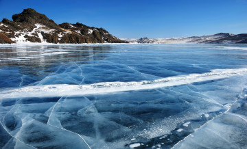 Картинка байкал природа зима лёд снег холод озеро берег камни скала