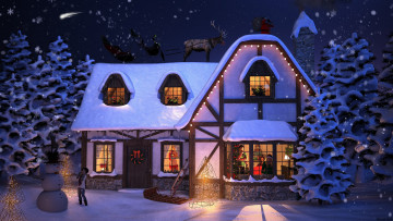 Картинка праздничные 3д+графика+ новый+год олень снеговик снег дом